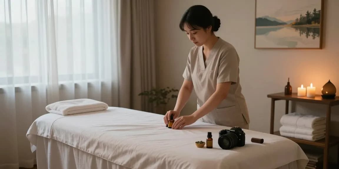 Relaxing 하남출장마사지 room with essential oils and soft lighting for therapeutic experience.