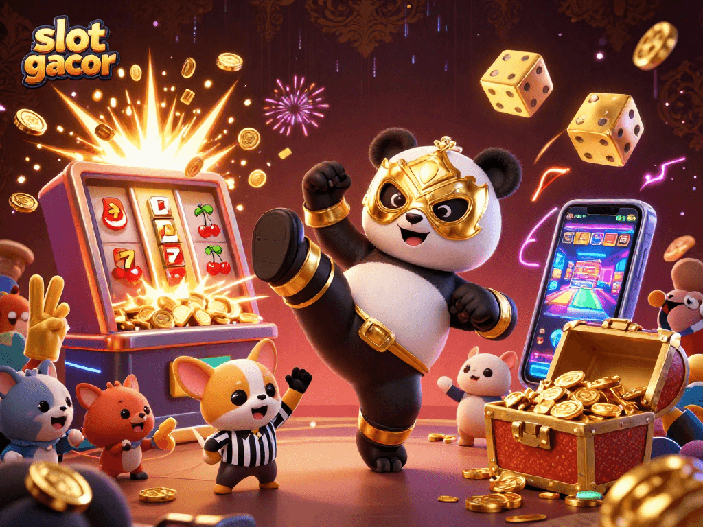 Experience the thrill of slot gacor with an action-packed scene featuring a panda and wild crowd.