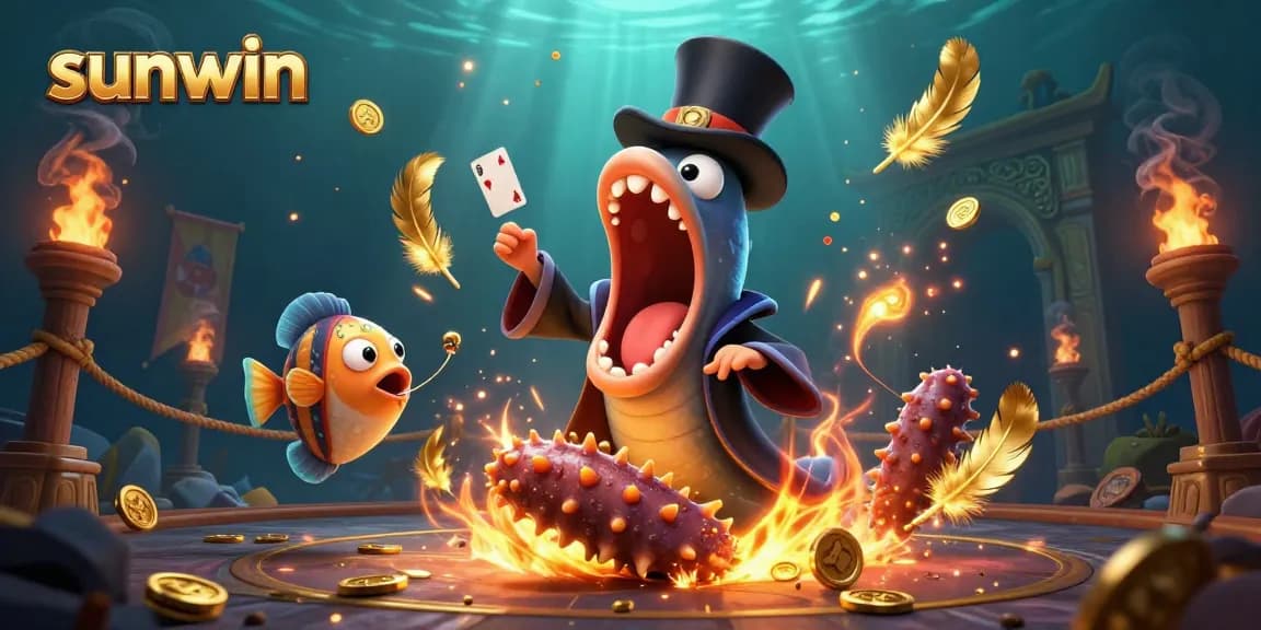 Sunwin magic act featuring a gulper eel, anglerfish, and sea cucumber in an underwater casino