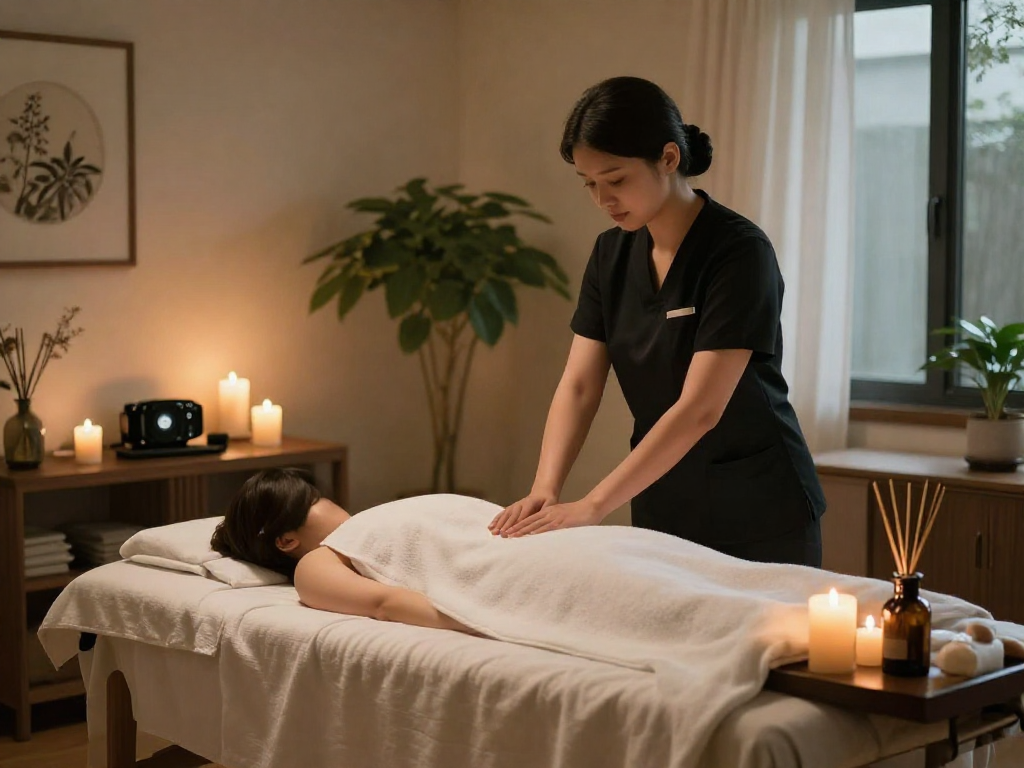 Experience premium 강남출장안마 services in a tranquil home spa setting with a professional masseuse, creating a serene atmosphere.