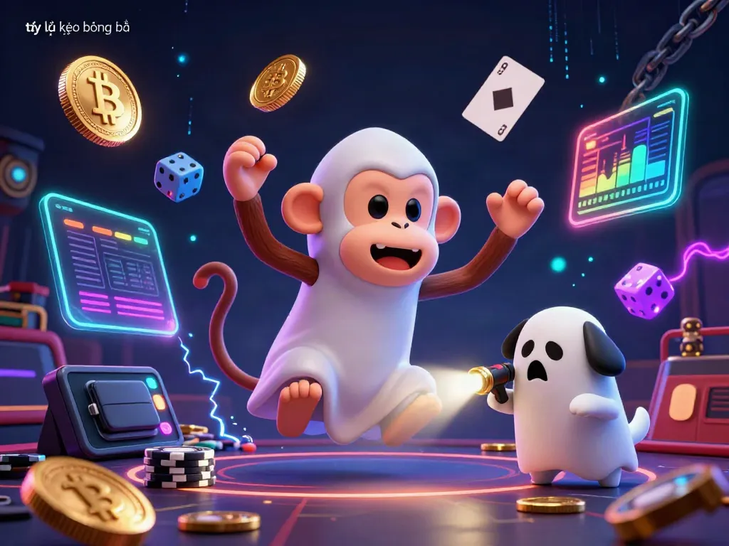 Experience the thrilling atmosphere of tỷ lệ kèo bóng đá with a ghostly monkey and a curious puppy in a haunted casino.