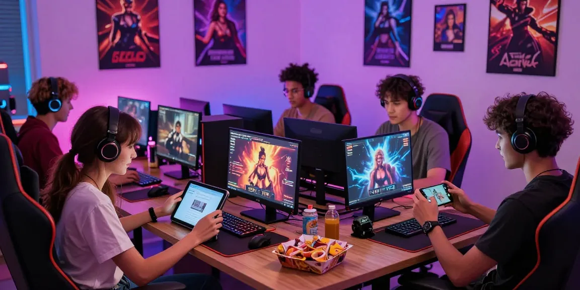Group of gamers enjoying sex games online on various devices in a cozy gaming setup.