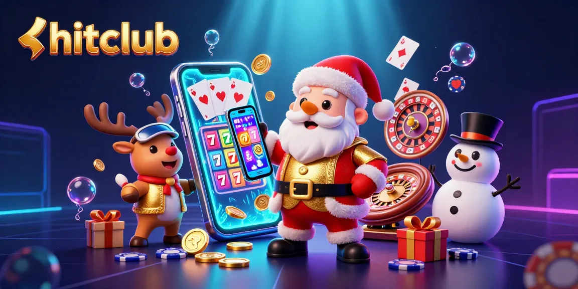 Spin and win at hitclub with Santa and friends in a colorful casino scene.