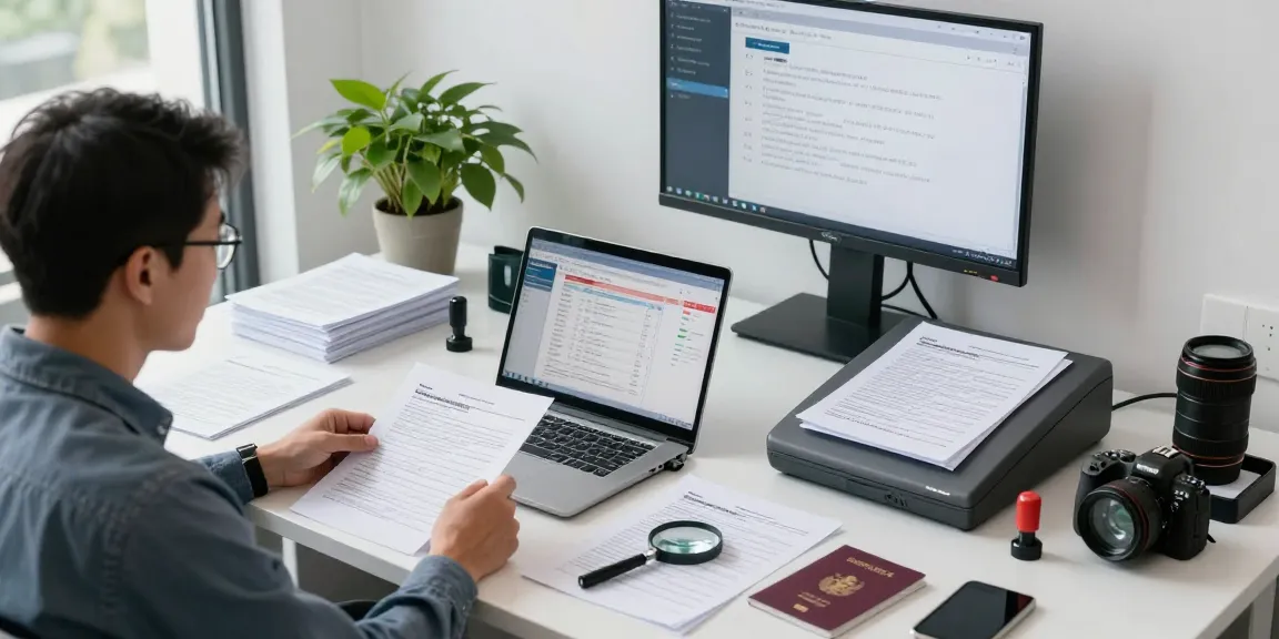 Document fraud detection analyst examining suspicious papers with advanced software tools in a modern office.