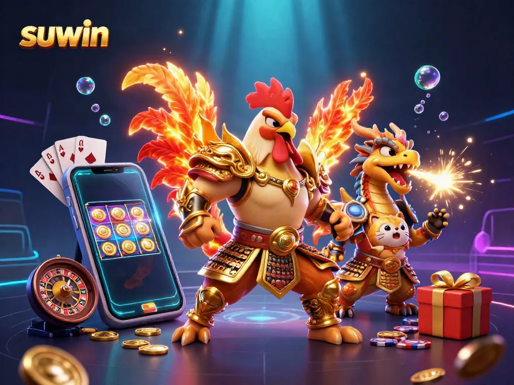 Suwin features an exciting 3D illustration of a fighting rooster, dragon, and fortune cat amidst casino elements.