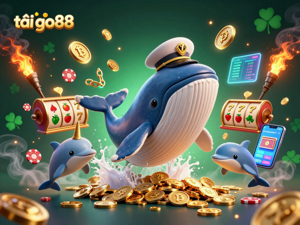 Engage with the vibrant scene of tải go88, featuring a whimsical whale breaching in a sea of coins and playful dolphins.