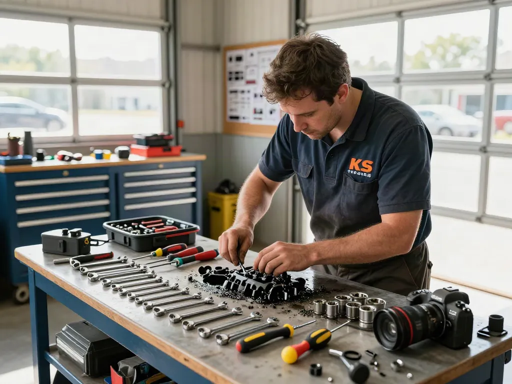 Mechanic using KS Tools in an automotive workshop with tools and engine.