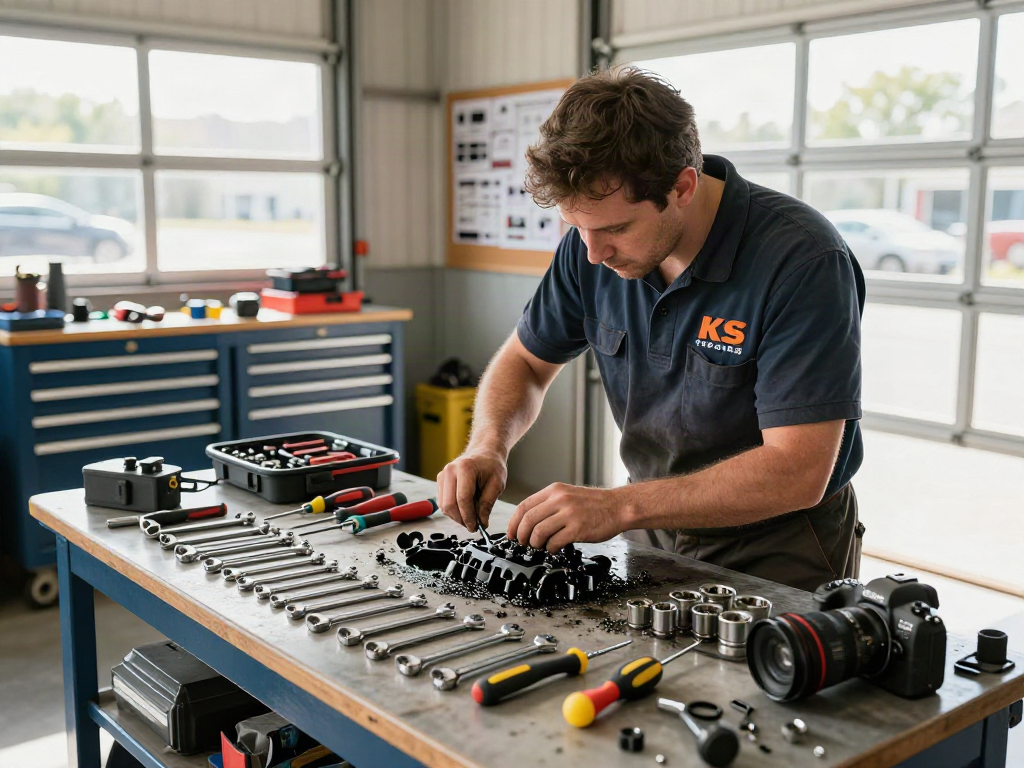 Mechanic using KS Tools in an automotive workshop with tools and engine.