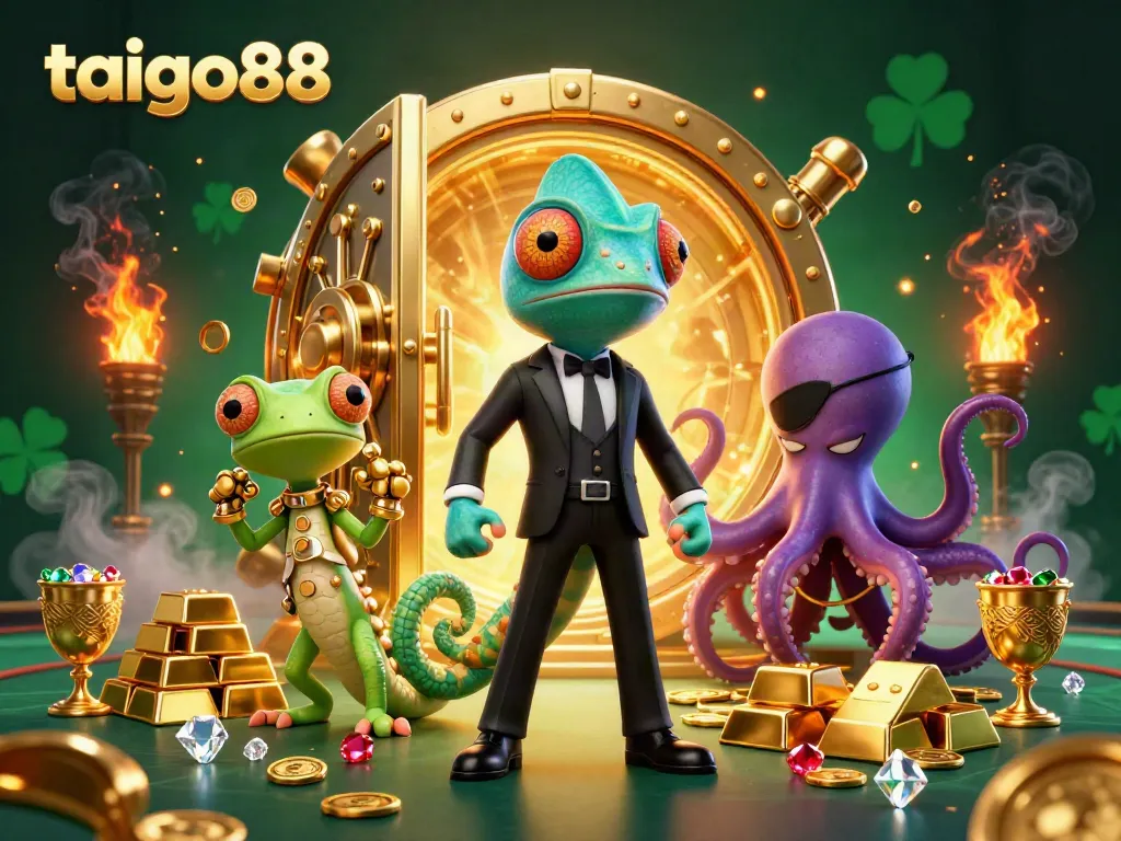 Engage in luck and excitement at taigo88 with vibrant casino characters, treasure, and dynamic gaming elements.