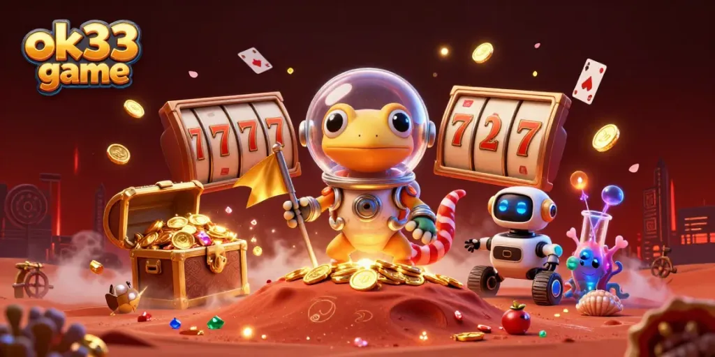 Experience the excitement of the ok33 game with a Martian gecko discovering a golden casino on Mars.