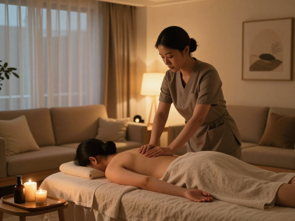 Premium 구리출장마사지 in a tranquil home setting, showcasing a professional therapist providing soothing care.