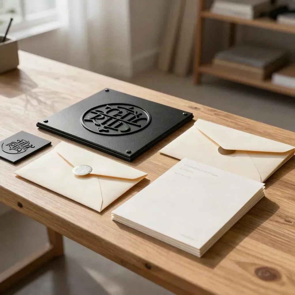 Logo package on a pale wood bench with monogram plaque, cream envelopes, foil seals, and identity sheets.