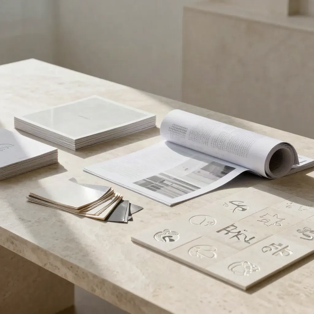 Branding materials on pale limestone with swatches, logo tiles, and a rolled landing page comp.