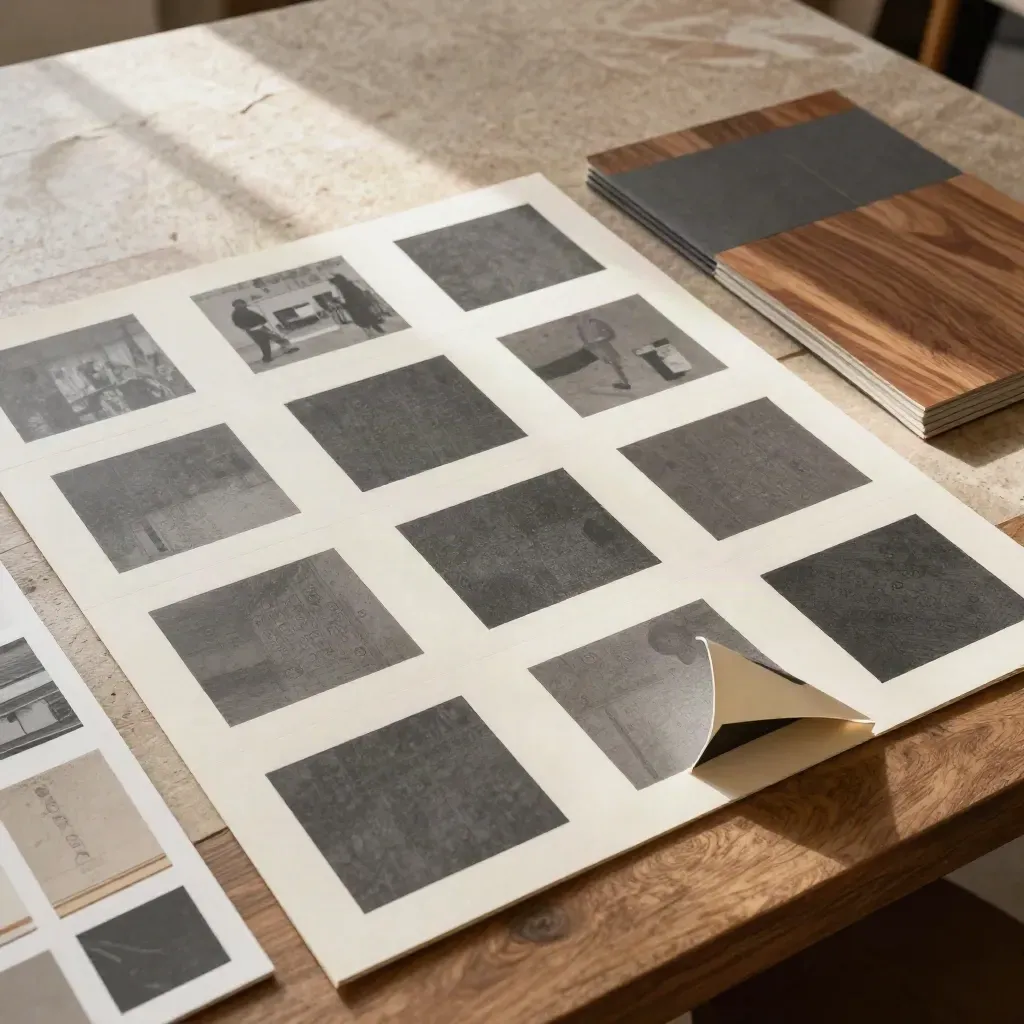 Tilted top-down view of social post mockups on a walnut print bench, one tile sliding out.