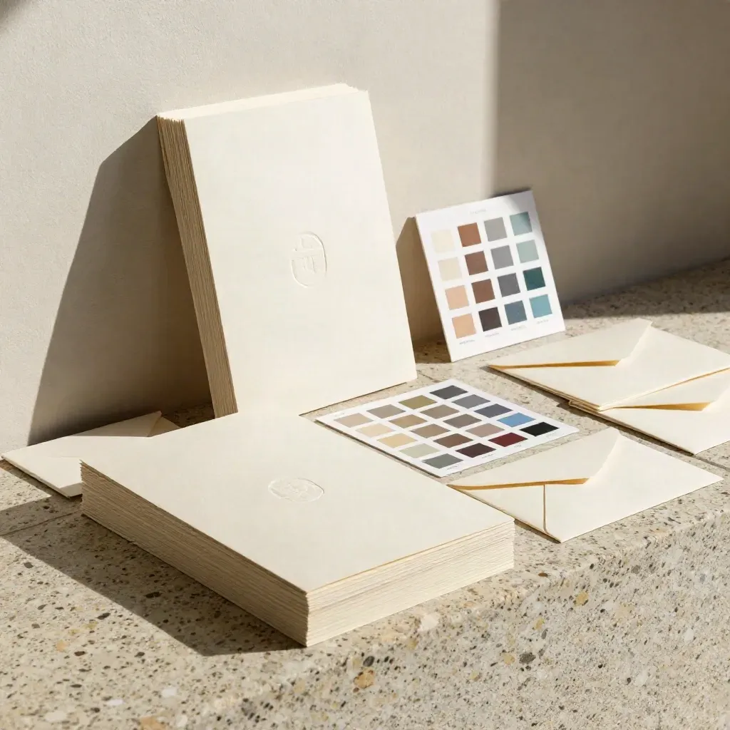 Embossed brand identity folder, specimen cards, color chips, and envelopes on a stone ledge