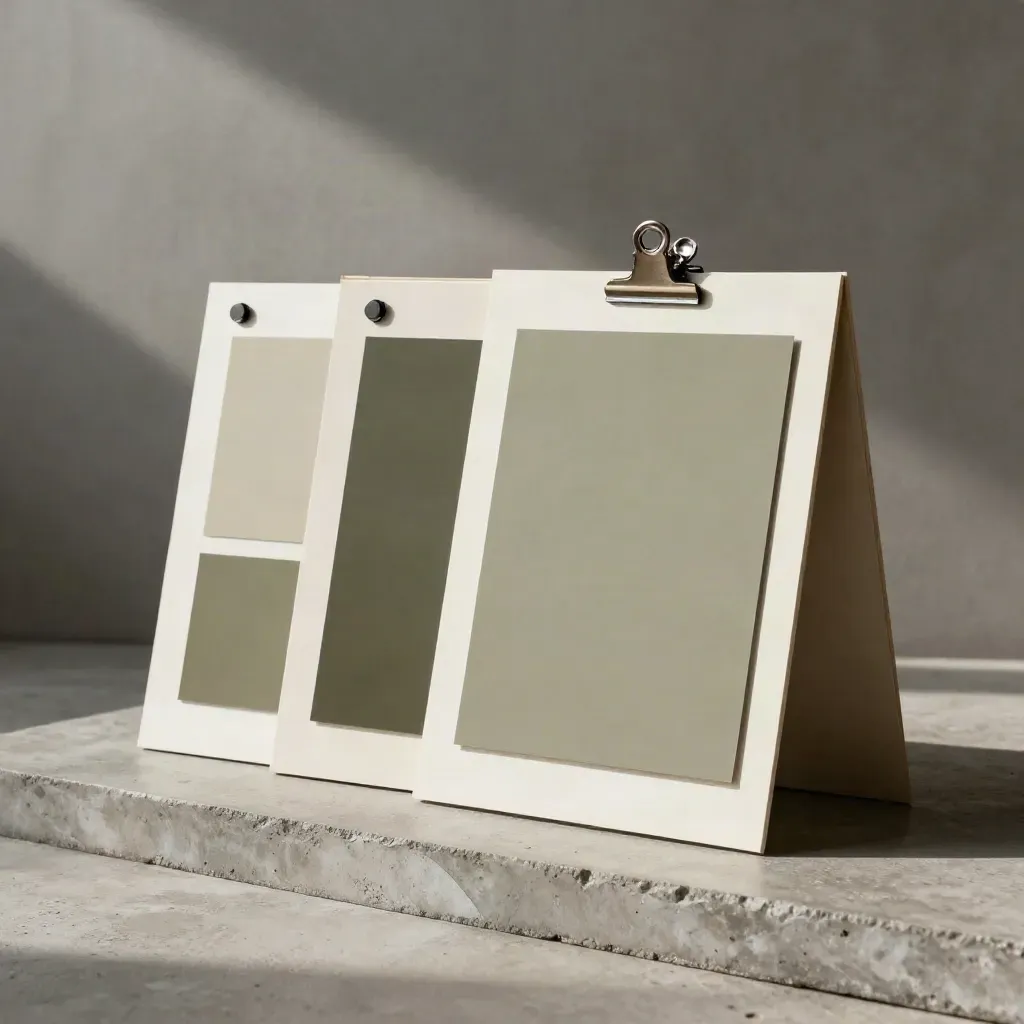 Three ad-format boards clipped to a panel on concrete, lit cinematically in a dark studio.