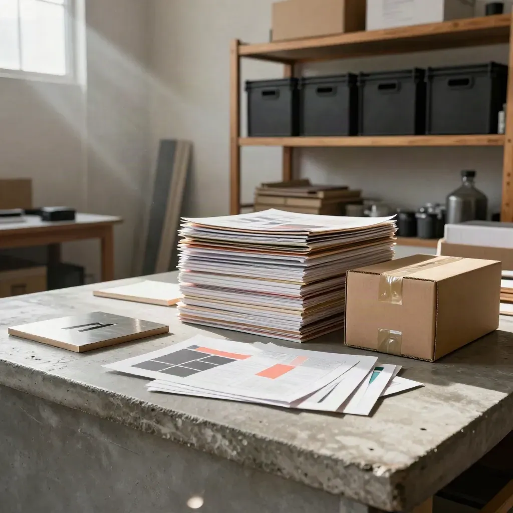 Startup launch kit on a concrete workbench in a sunlit studio, with boards, prints, and a sealed file box.