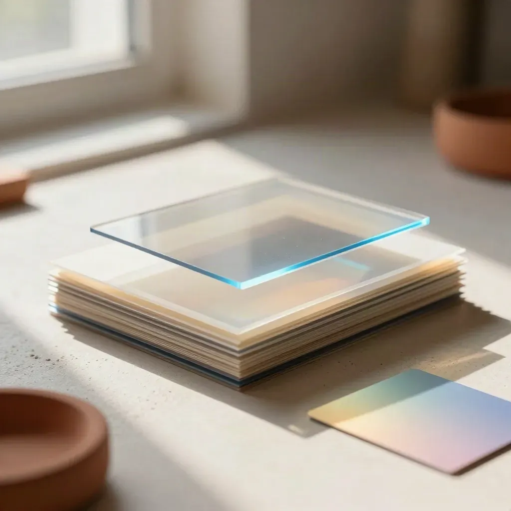 Acetate motion frames and a glowing gradient card on a sunlit pale surface.