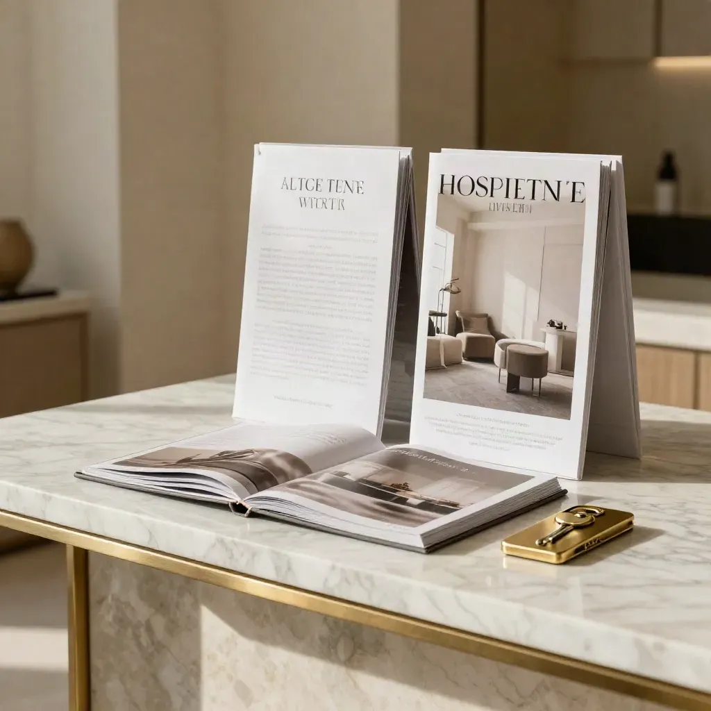 Empty real-estate marketing set with boards, brochure box, brass sleeve on a marble console.