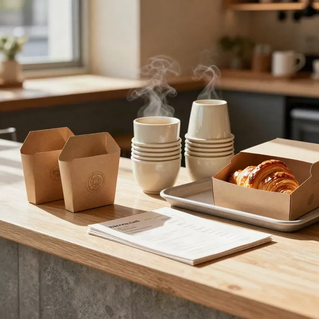Cafe counter with branded sleeves, face-down menus, ceramic cups and pastry box in soft morning light.