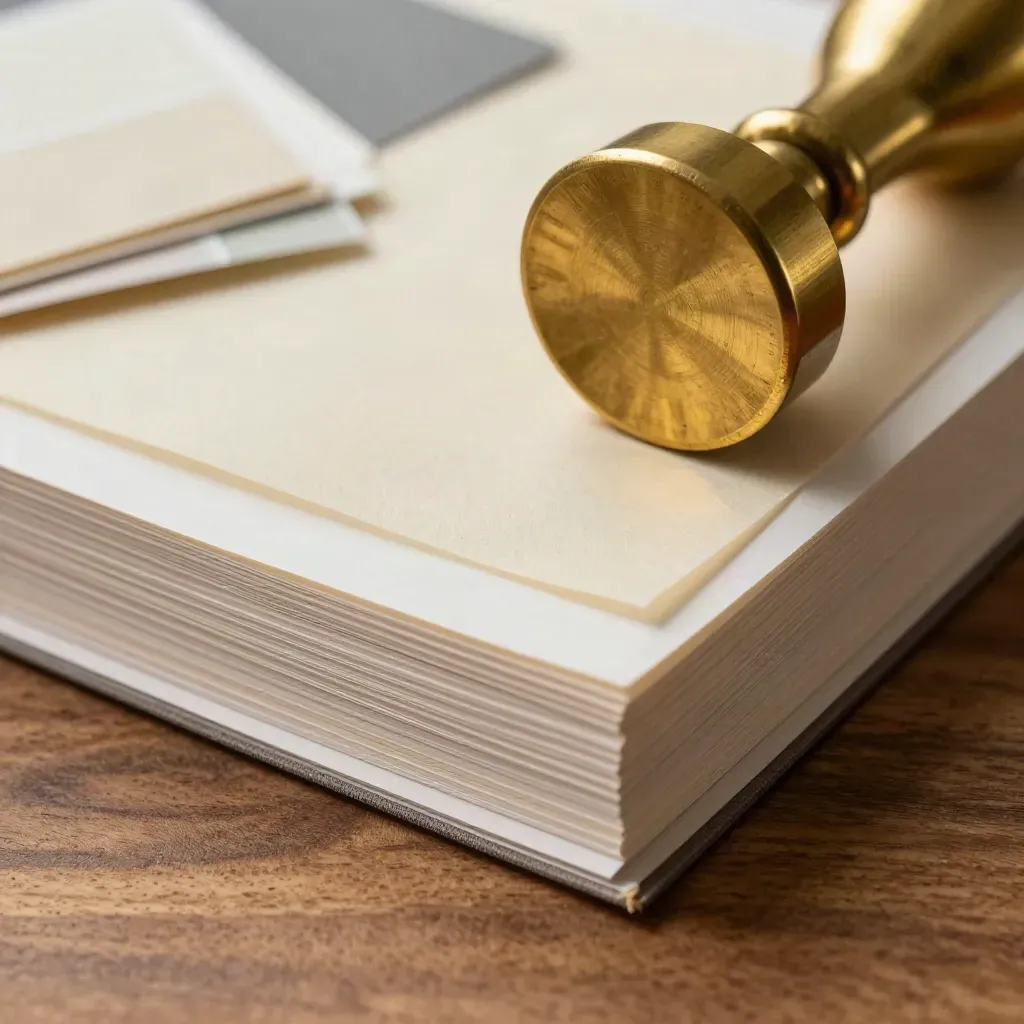 Brass paperweight on concept boards and vellum overlays with neutral swatches on walnut.