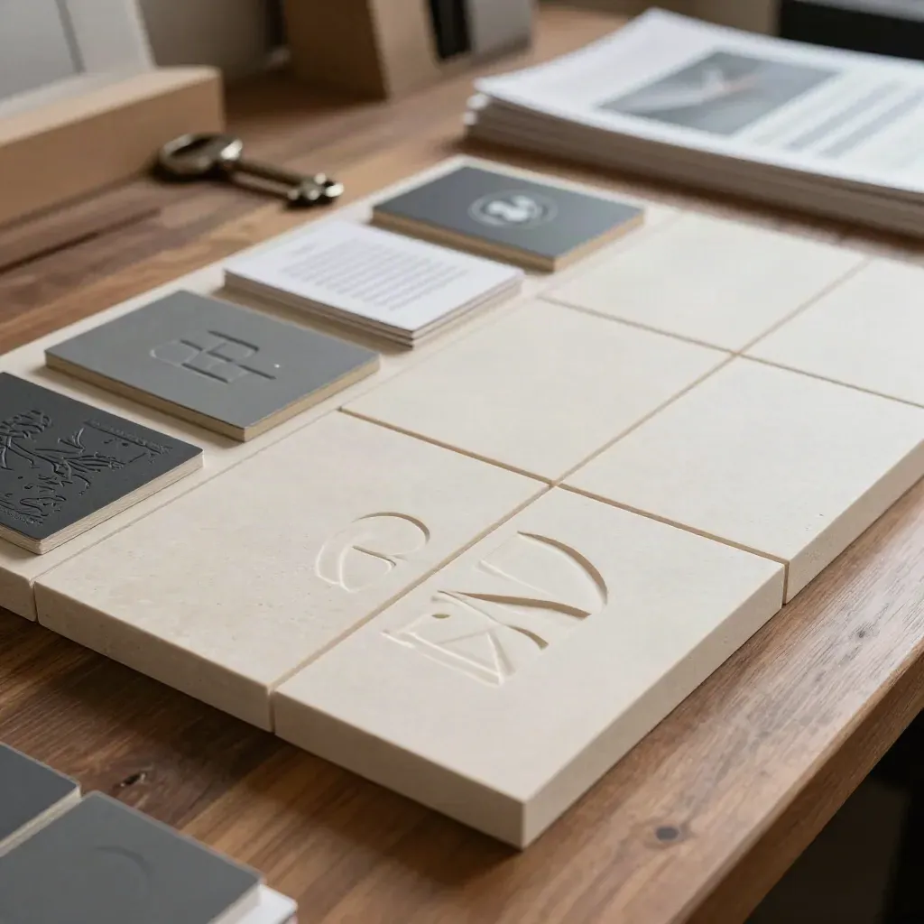 Die-cut logo tiles and embossed sample chips arranged on a stone board in dramatic studio light.