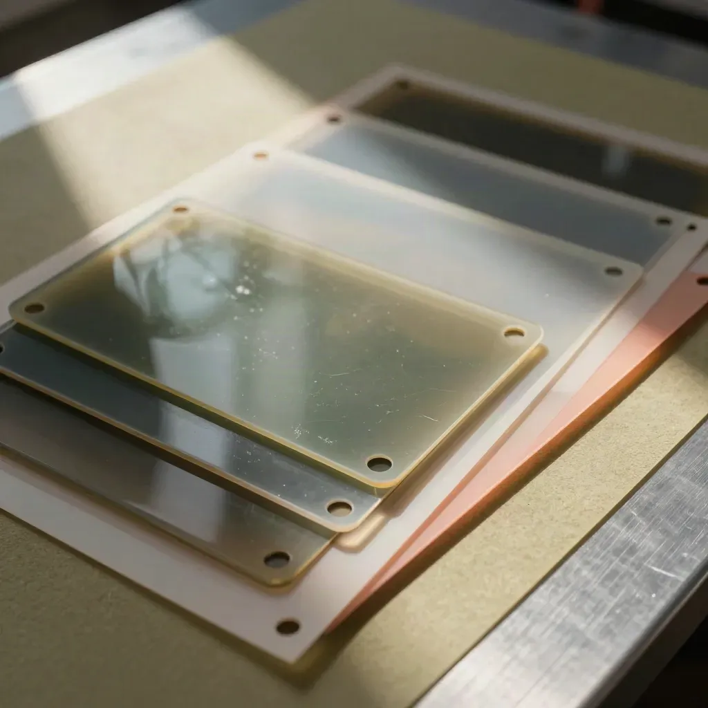 Overlapping acetate animation frames and colored gels on a light table, lit from the side.