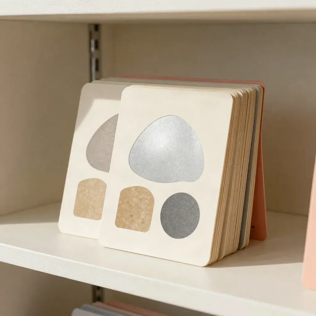 Layered Sora Kids launch kit with cards, die-cuts, and color chips on a pale shelf