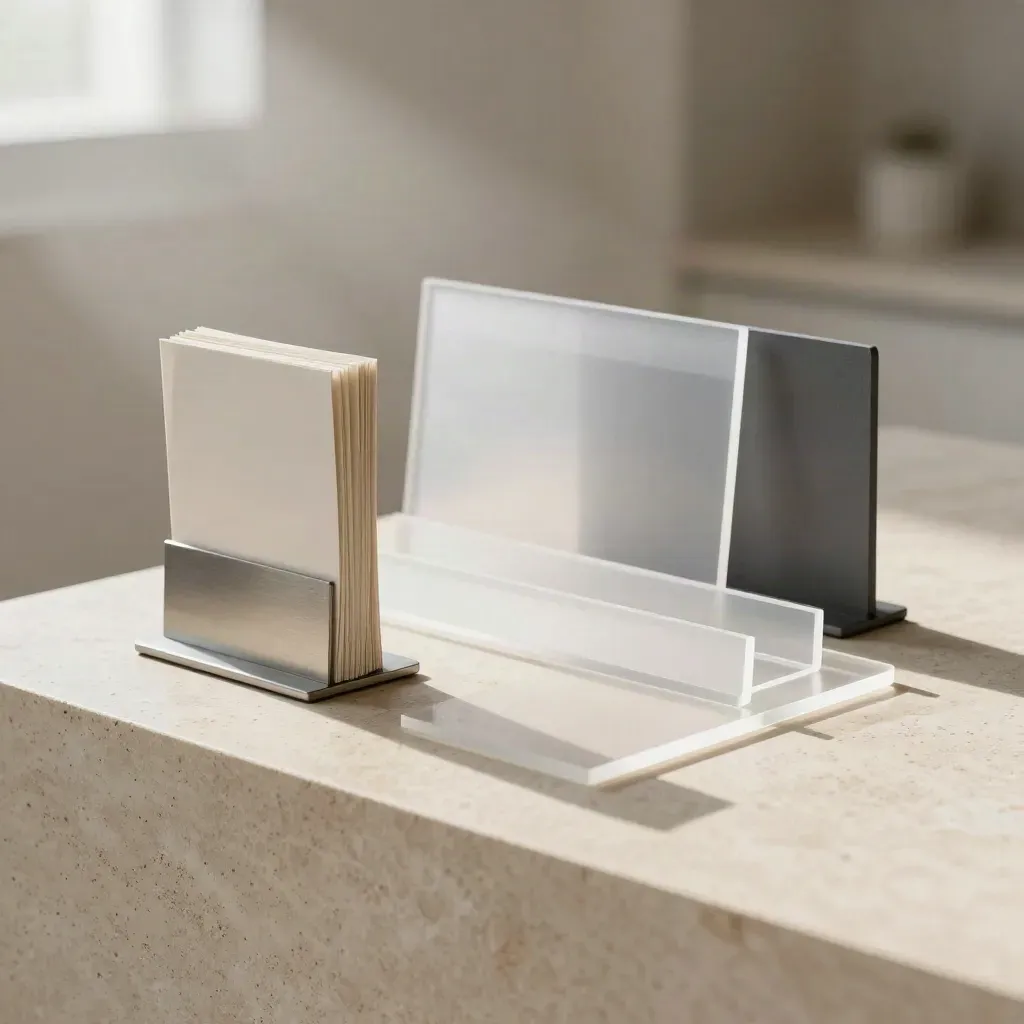 Healthcare launch display with brochure stand, page boards, and acrylic blocks on stone