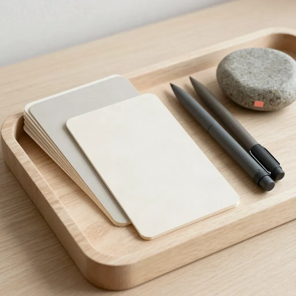 Overhead still life of intake cards, pen, and stone paperweight on a pale wood tray.