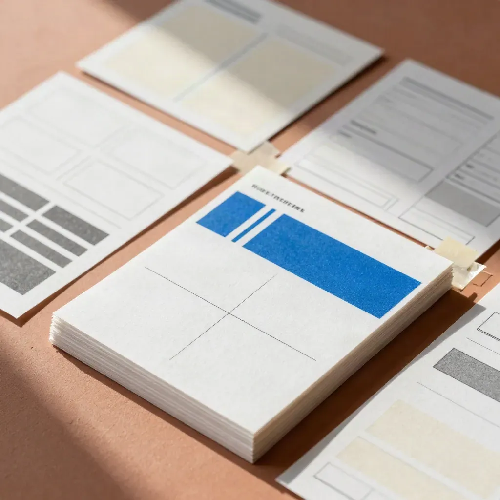 Top-down macro of wireframe cards and blue layout blocks on a terracotta board.