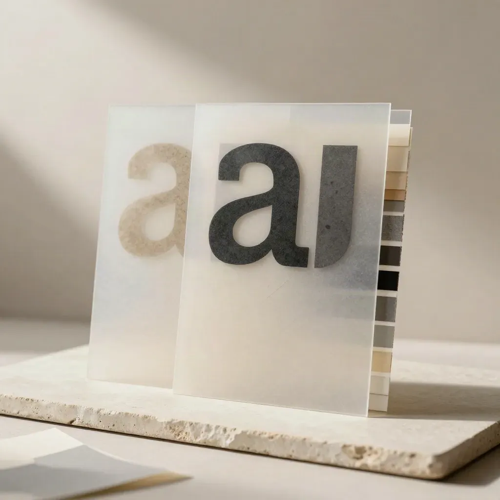 Translucent concept boards, cut-paper logo shapes, and a swatch fan on pale stone.