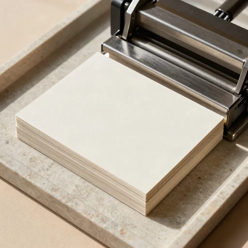 Overhead still life of proof cards, emboss plate, and precision folder on a stone tray.