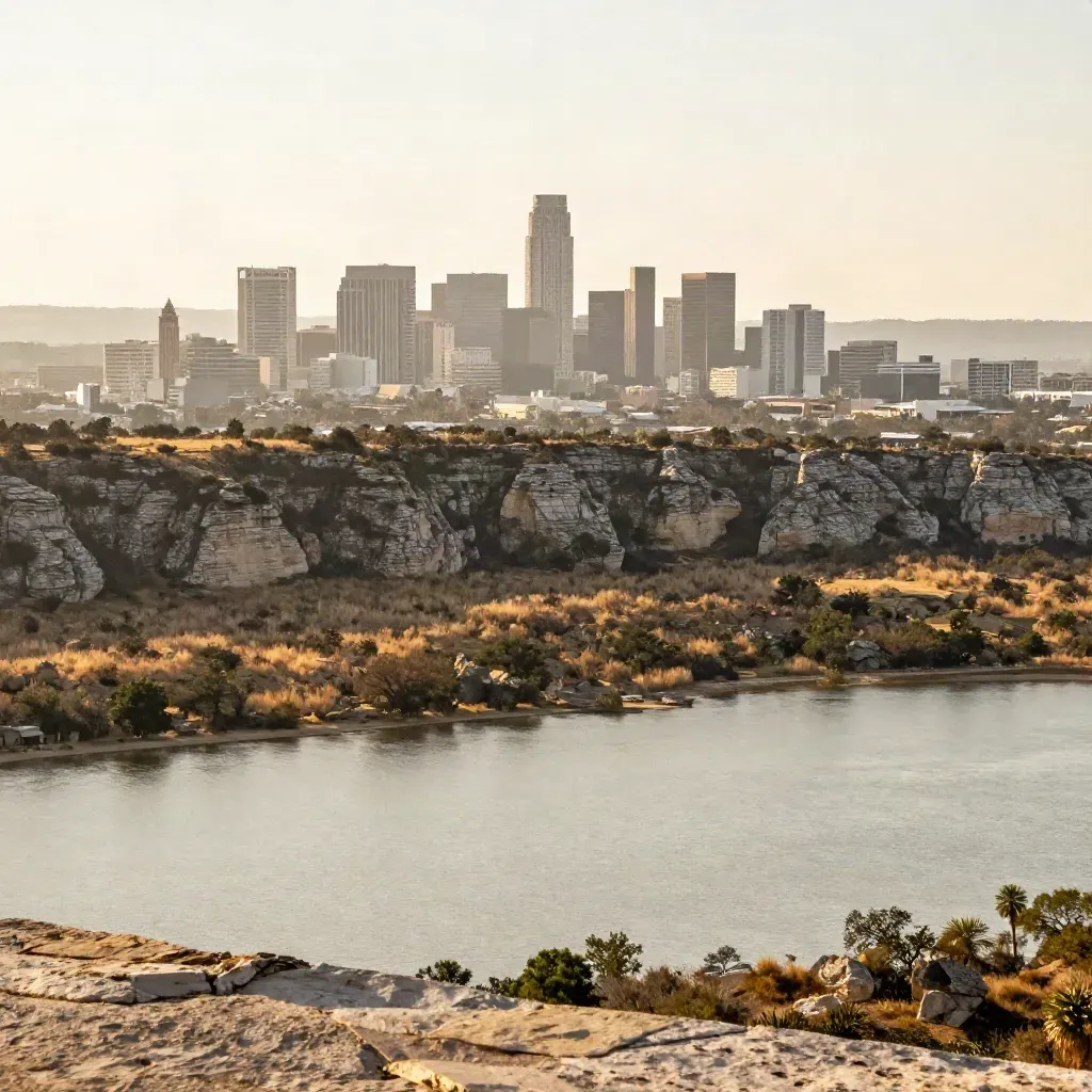 Austin skyline hazy above Texas Hill Country limestone and dry grass, wide calm copy space.
