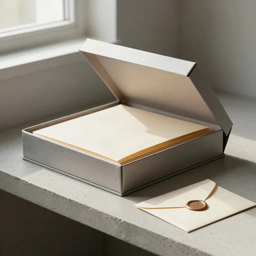 Open presentation box with delivery sleeve and embossed envelope on pale concrete