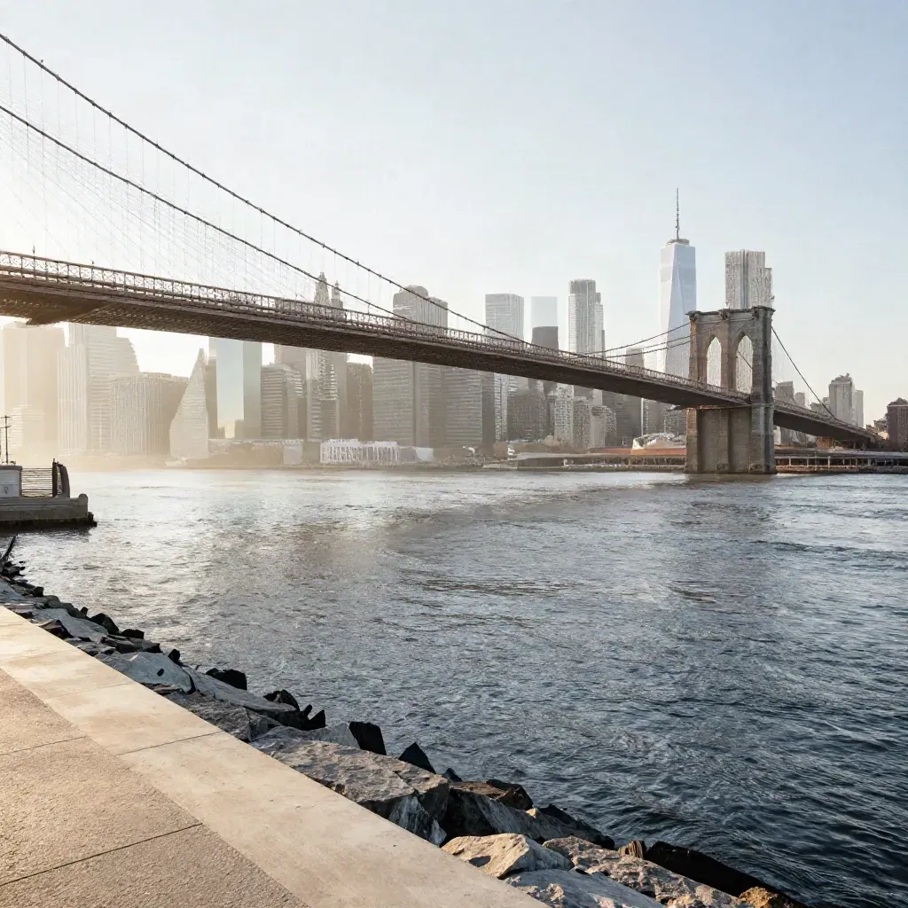 Lower Manhattan skyline over the East River with Brooklyn Bridge cables in morning haze.