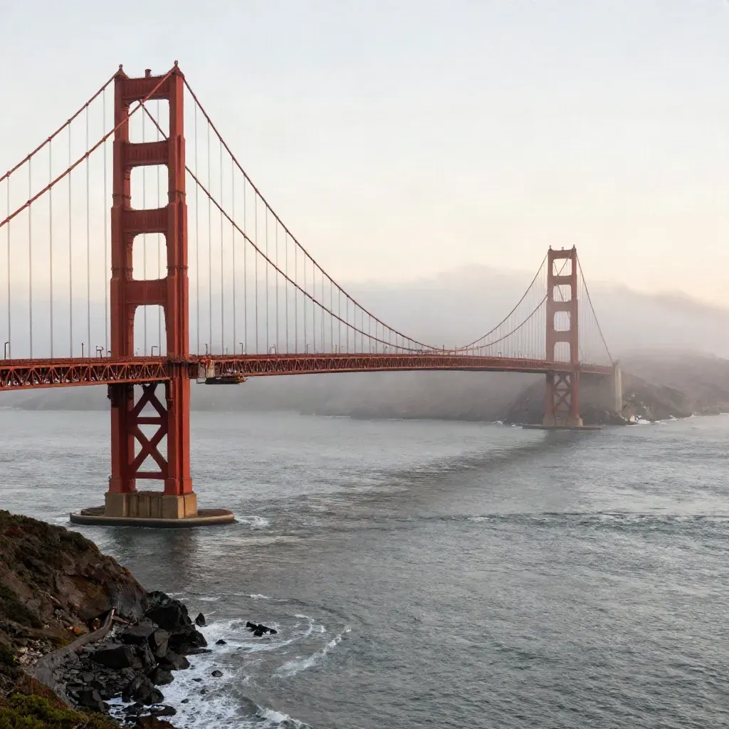 Golden Gate Bridge above marine fog with Marin headlands and calm open mist for copy