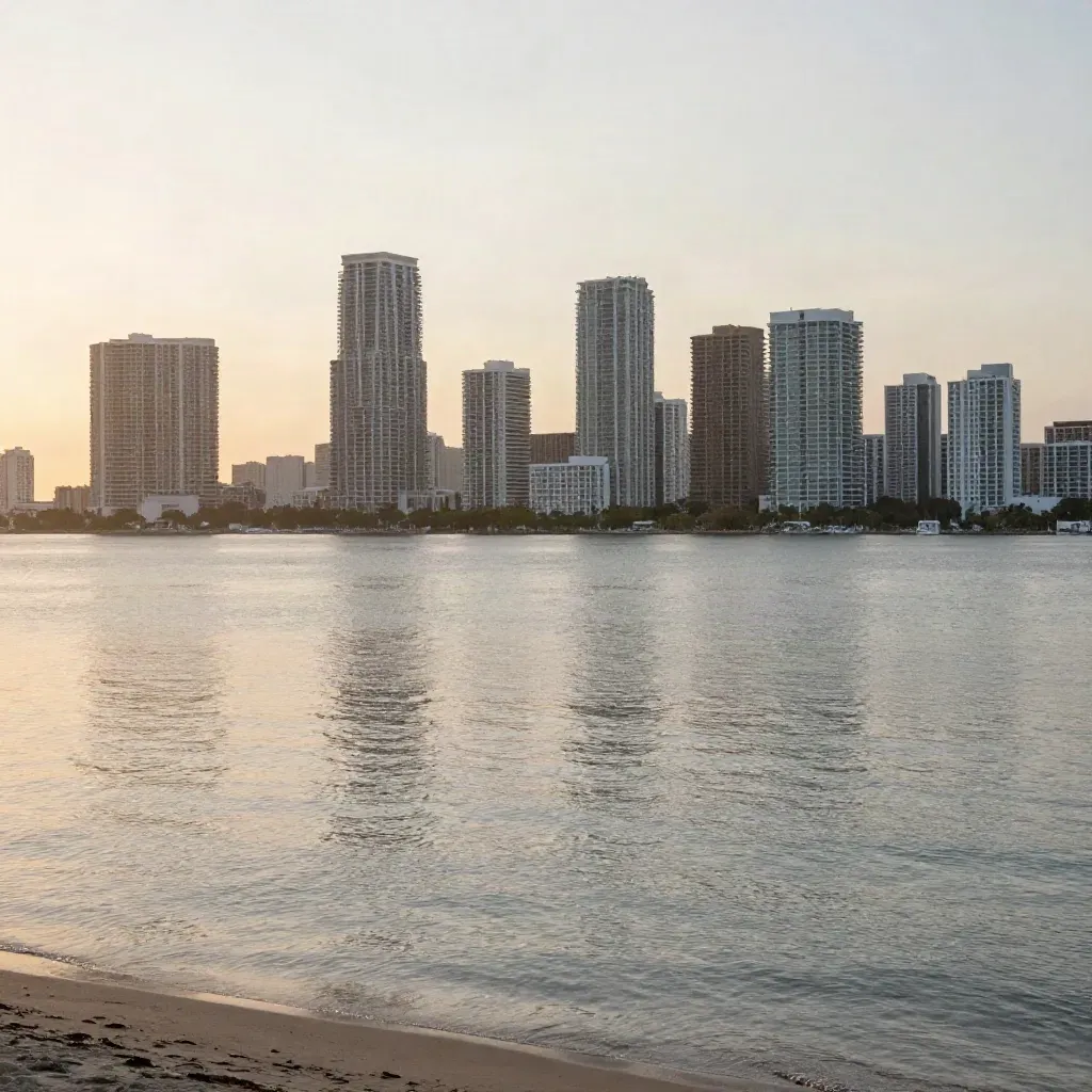 Miami skyline over Biscayne Bay at sunset with mangroves and haze