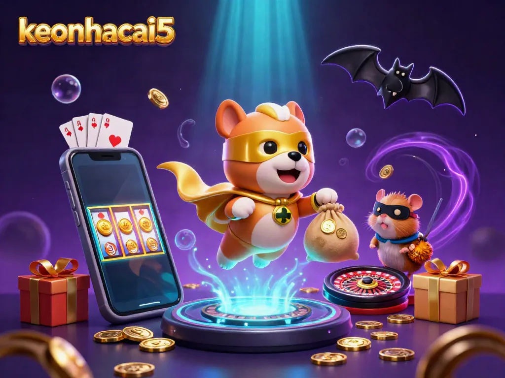 Experience thrilling wins with keonhacai5 as a superhero dog and hamster navigate a vibrant casino world filled with excitement.