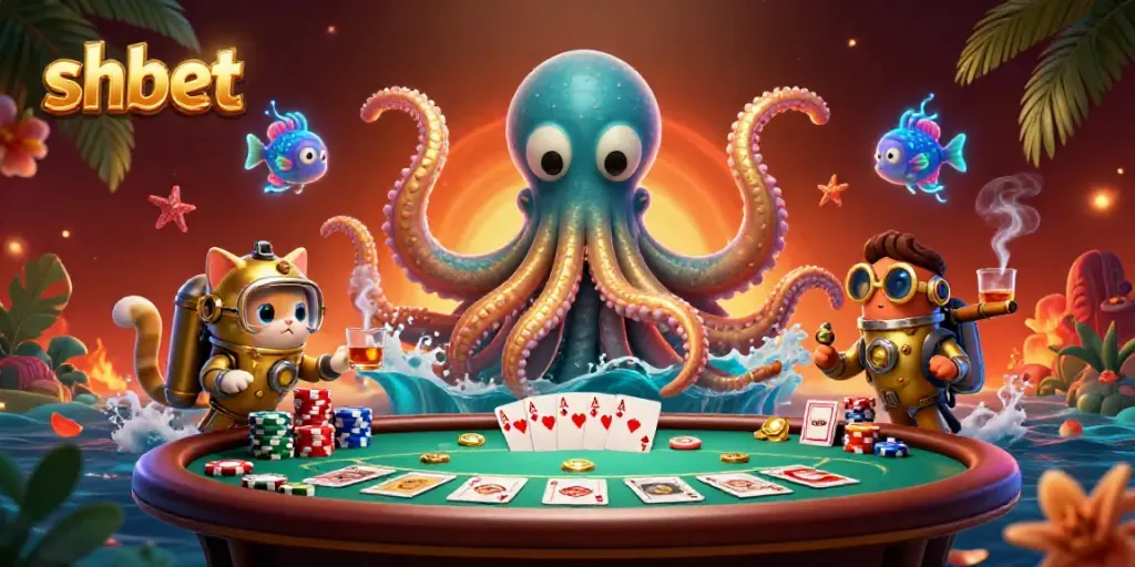 Experience thrilling gameplay in SHBET with a vibrant 3D scene featuring a kraken and poker elements.