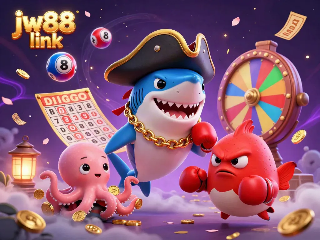 Engage with the joyful characters in the jw88 link lottery scene, featuring vibrant lottery balls and golden bingo elements.