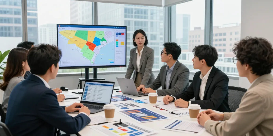 School board election consultant reviewing voter data with team in modern office