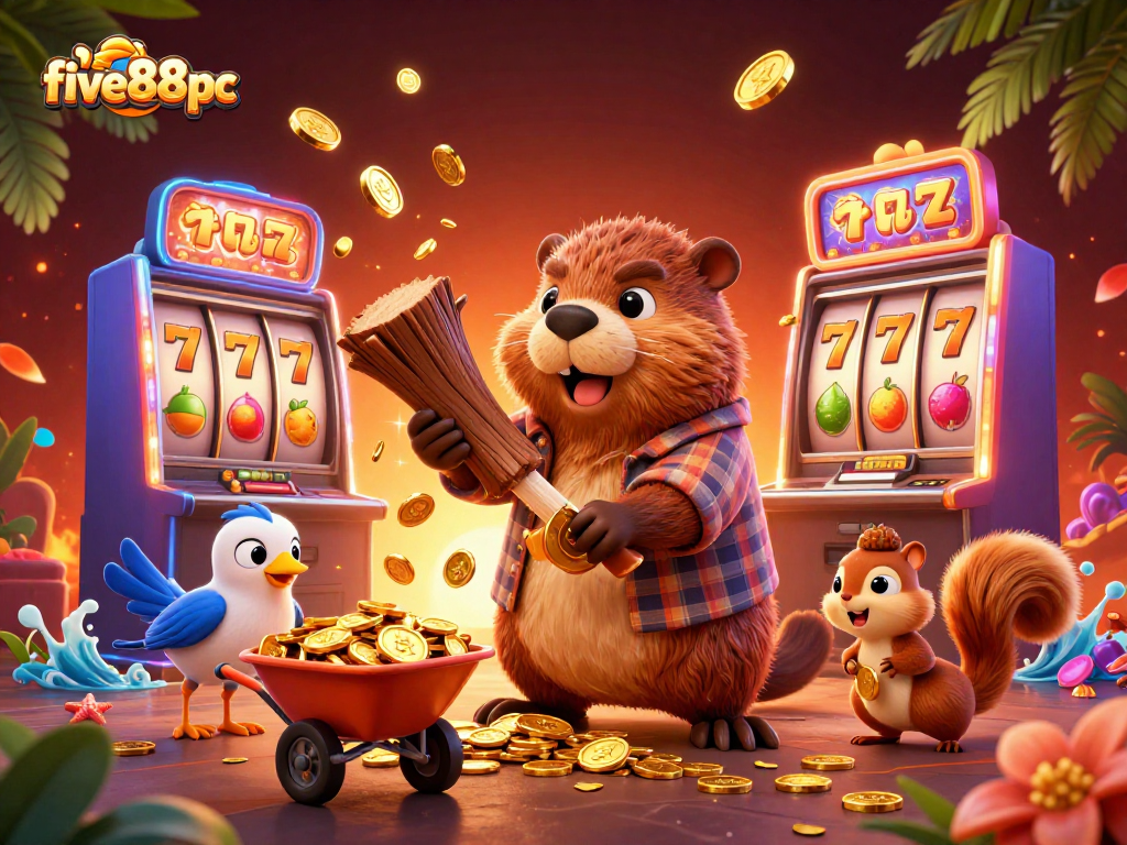 Experience the excitement of five88pc with a cartoon beaver chopping a tree for golden coins amidst slot machines and vibrant elements.