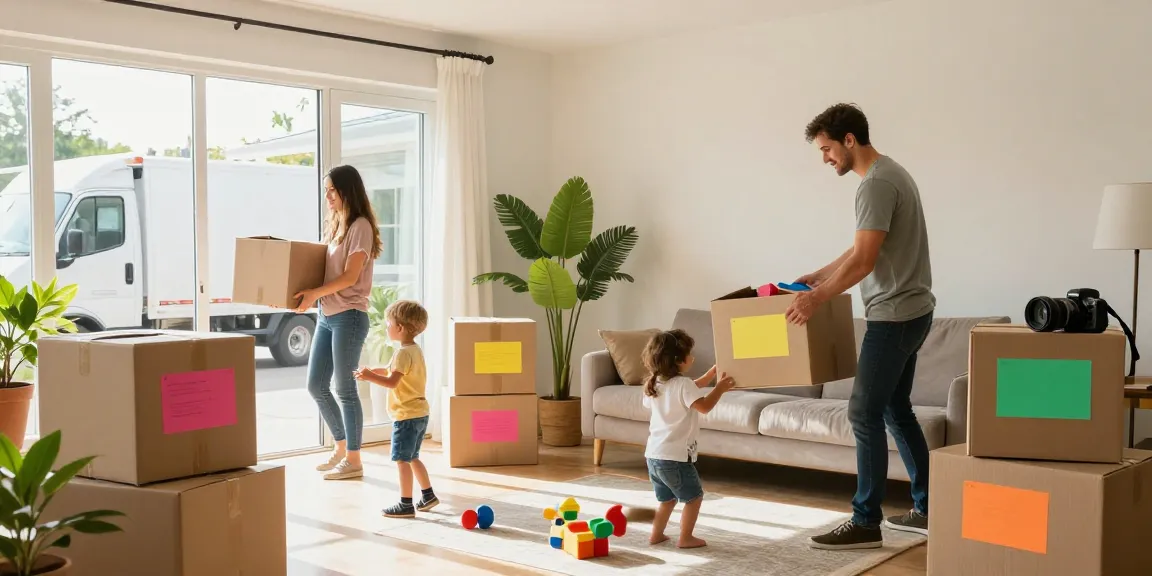 Family packing for a move with FairPlay Moving, creating memories in a bright living room.