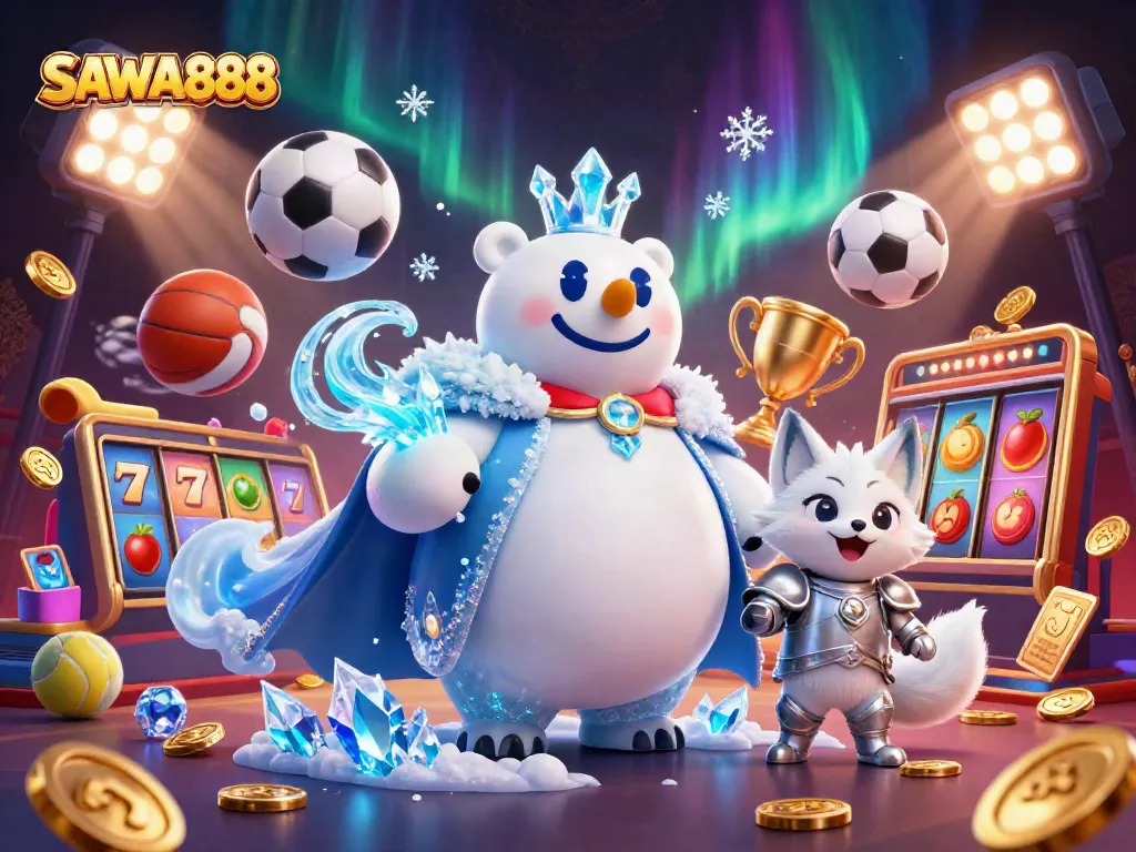 Win big with SAWA888 in this vibrant casino scene, featuring an energetic ice king and a snow fox.