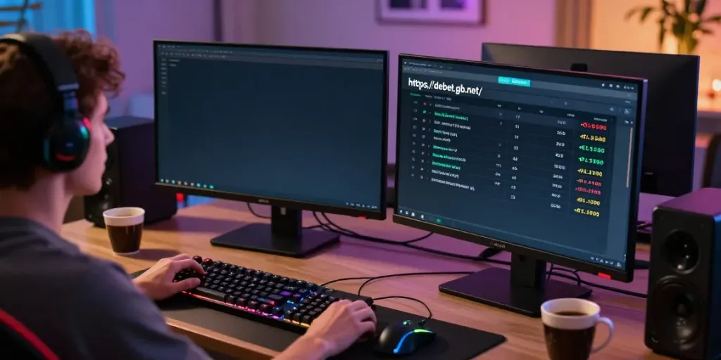 Engaged player at a sleek gaming desk using https://debet.gb.net/ to place sports bets, modern setup with vibrant gaming atmosphere.