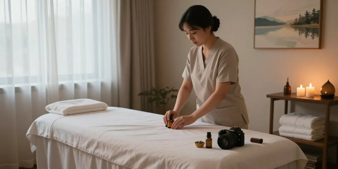 Relaxing 하남출장마사지 room with essential oils and soft lighting for therapeutic experience.