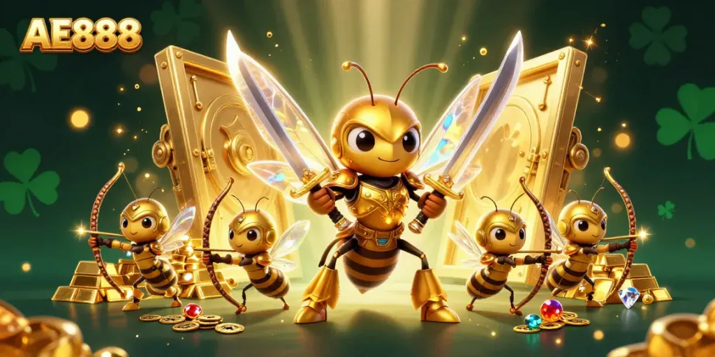 Engage with AE8888’s dynamic gaming scene featuring a golden hornet and treasure.