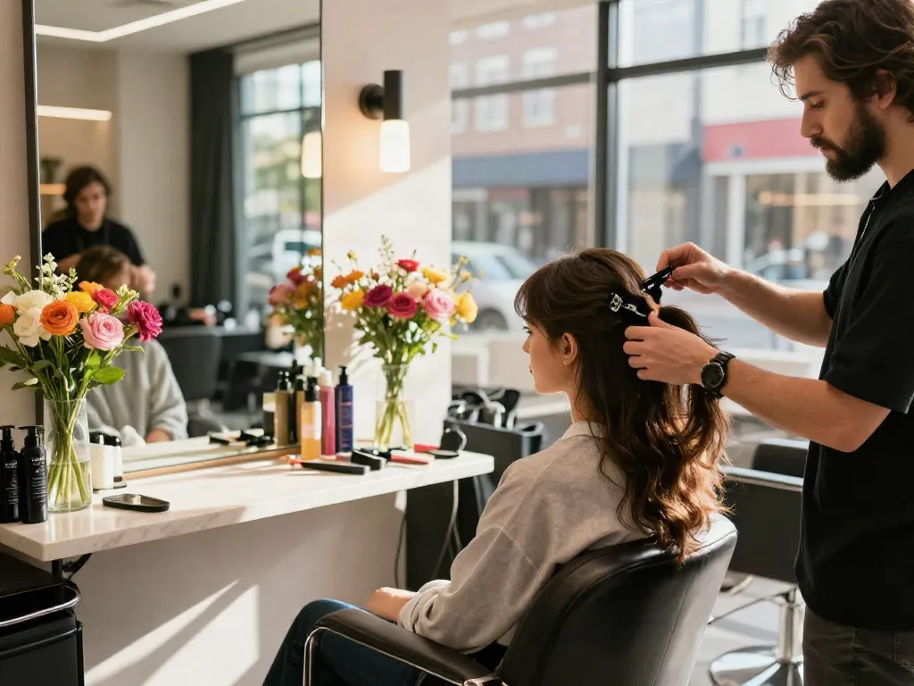 Woman receiving easy clip in extensions at a vibrant salon, showcasing modern hair styling.