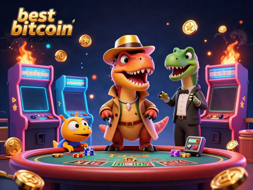 Experience thrilling gameplay at the best bitcoin casinos with animated characters and casino elements.